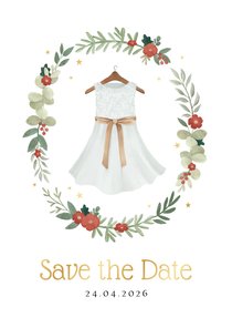 Communie save the date jurkje bloemen krans sterren goud