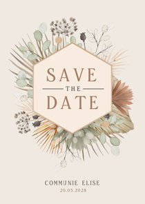 Communie Save the Date kaart met droogbloemen illustratie