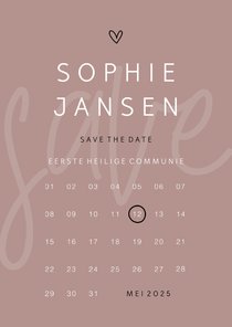 Communie save the date minimalistisch met hartje kalender