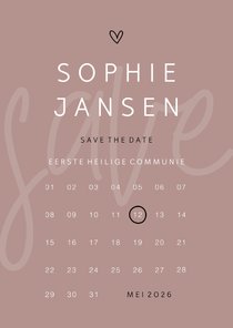 Communie save the date minimalistisch met hartje kalender