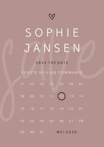 Communie save the date minimalistisch met hartje kalender