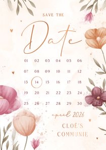 Communie save the date waterverf bloemen met koperen hartjes