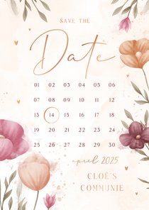 Communie save the date waterverf bloemen met koperen hartjes