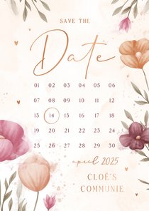 Communie save the date waterverf bloemen met koperen hartjes