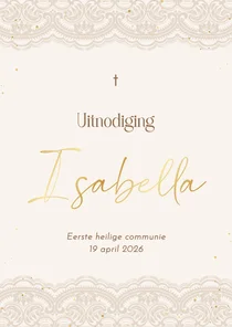 Communie uitnodiging beige kant met spettertjes goud