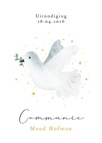 Communie uitnodiging met duifje en sterretjes