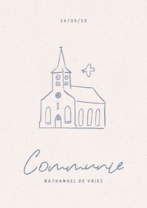 Communie uitnodiging met illustratie van kerkje en duifje