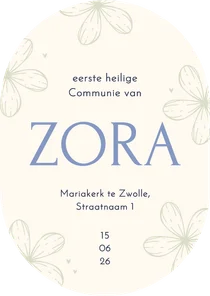 Communie uitnodiging ovaal met bloemetjes en hartjes