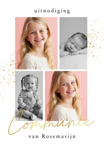 Communie uitnodiging wit met gouden spetters fotocollage
