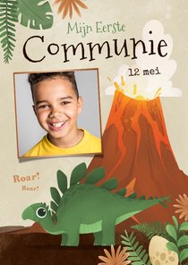 Communiefeest jongen dino's ei vulkaan dinosaurus jungle