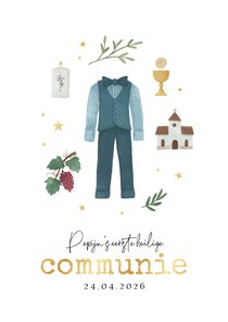 Communiefeest outfit illustraties uitnodiging jongen kerk