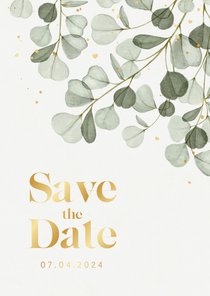 Communiefeest save the date eucalyptus goud stijlvol hartjes