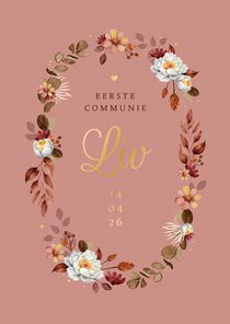 Communiefeest uitnodiging stijlvol klassiek bloemen goud