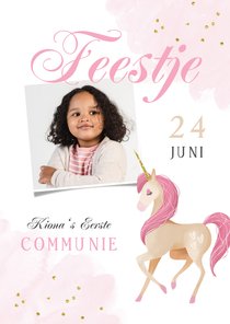 Communiefeest uitnodiging unicorn stijlvol waterverf goud