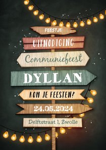 Communiefeest wegwijzers hout lampjes uitnodiging feest