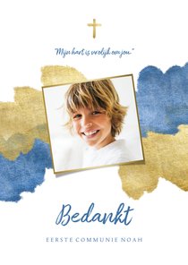 Communiekaart bedankt blauw aquarel metallic