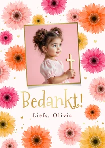Communiekaart bedankt gerbera bloemen kleurrijk goud foto
