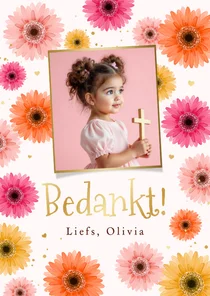 Communiekaart bedankt gerbera bloemen kleurrijk goud foto