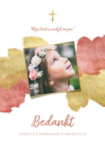 Communiekaart bedankt roze aquarel metallic