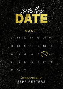 Communiekaart save the date jongen goud spetters