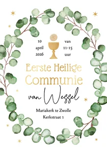 Communiekaart uitnodiging stijlvol waterverf eucalyptus goud