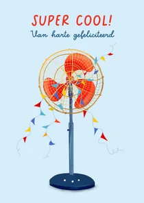 Coole felicitatiekaart met ventilator en vlaggetjes