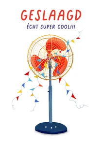 Coole geslaagdkaart met ventilator en vlaggetjes