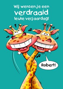 Een verdraaid leuke verjaardagskaart met twee giraffen