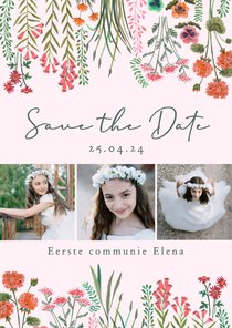 Eerste communie save the date veldbloemen op roze