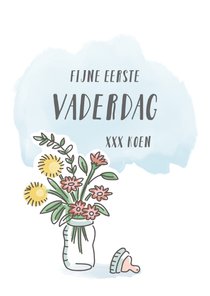 Eerste vaderdagkaart met babyfles en bloemen