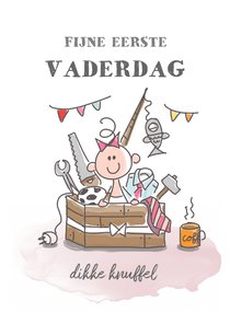 Eerste vaderdagkaart met meisje in kist met kado's voor papa