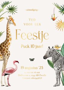 Enkele uitnodigingen kinderfeestje met jungle dieren en goud