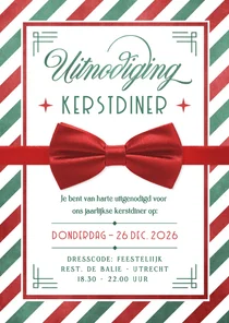 Feestelijke rood groene kerstdiner uitnodiging met strik 