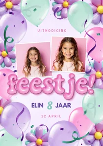 Feestelijke uitnodiging kleurrijke bloemen en ballonnen