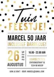 Feestelijke uitnodiging tuinfeestje met confetti en letters