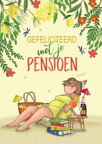 Feliciatiekaart pensioen vrouw in strandstoel
