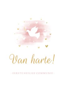 Felicitatie communie duif met hartjes en waterverf