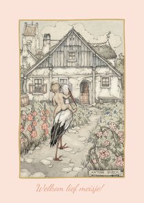 Felicitatie geboorte Anton Pieck ooievaar met baby naar huis