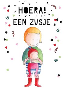 Felicitatie geboorte meisje met illustratie jongen en zusje