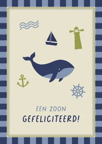 Felicitatie geboorte met walvis, vuurtoren en kader