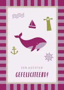 Felicitatie geboorte met walvisje, vuurtoren en kader