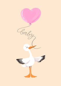 Felicitatie geboorte ooievaar met roze ballon