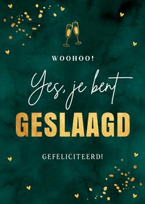 Felicitatie geslaagd groen confetti goudlook