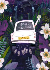Felicitatie kaart avontuur trouwen auto