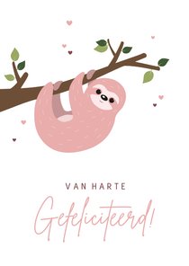 Felicitatie met roze luiaard en hartjes