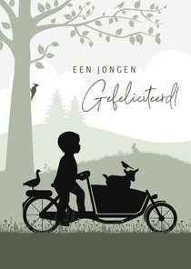 Felicitatie met silhouet jongen in bakfiets