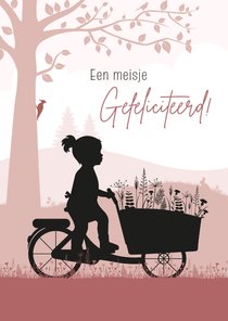 Felicitatie met silhouet meisje en bloemen op bakfiets