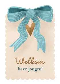 Felicitatie met strik en hart voor geboorte van een jongen 