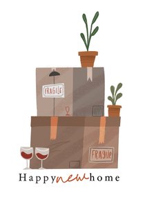 Felicitatie verhuiskaartje dozen en plantjes