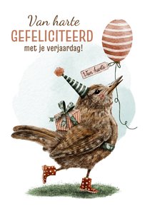 Felicitatie verjaardag met feestelijk vogeltje en ballon